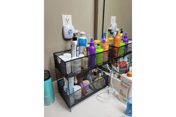 Using Huntington Home 2 Tiered Mesh Organizer on Counter Top in Vanity
